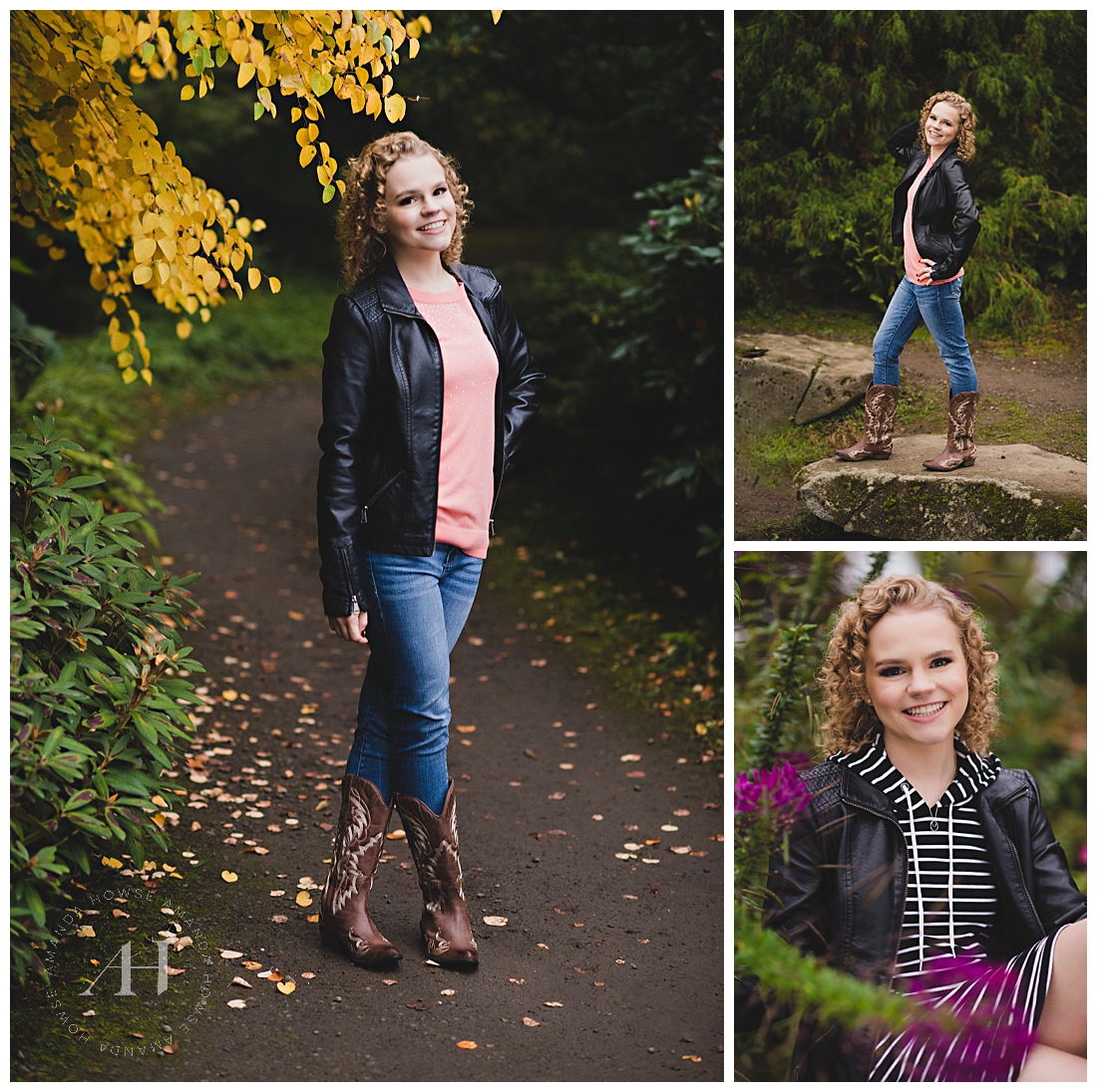 Senior Portraits on a Nature Trail | Candid senior portraits outside, how to style a casual outdoor senior portrait session, leather jacket outfit ideas | Photographed by the Best Tacoma Senior Photographer Amanda Howse