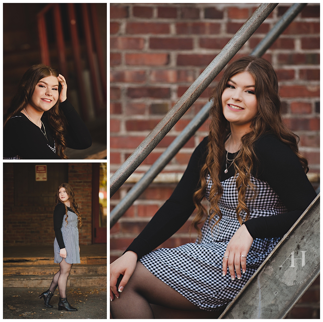 Downtown Sumner Senior Portraits | Senior Girl Posing on Metal Staircase with Exposed Brick | Photographed by the Best Tacoma Senior Photographer Amanda Howse