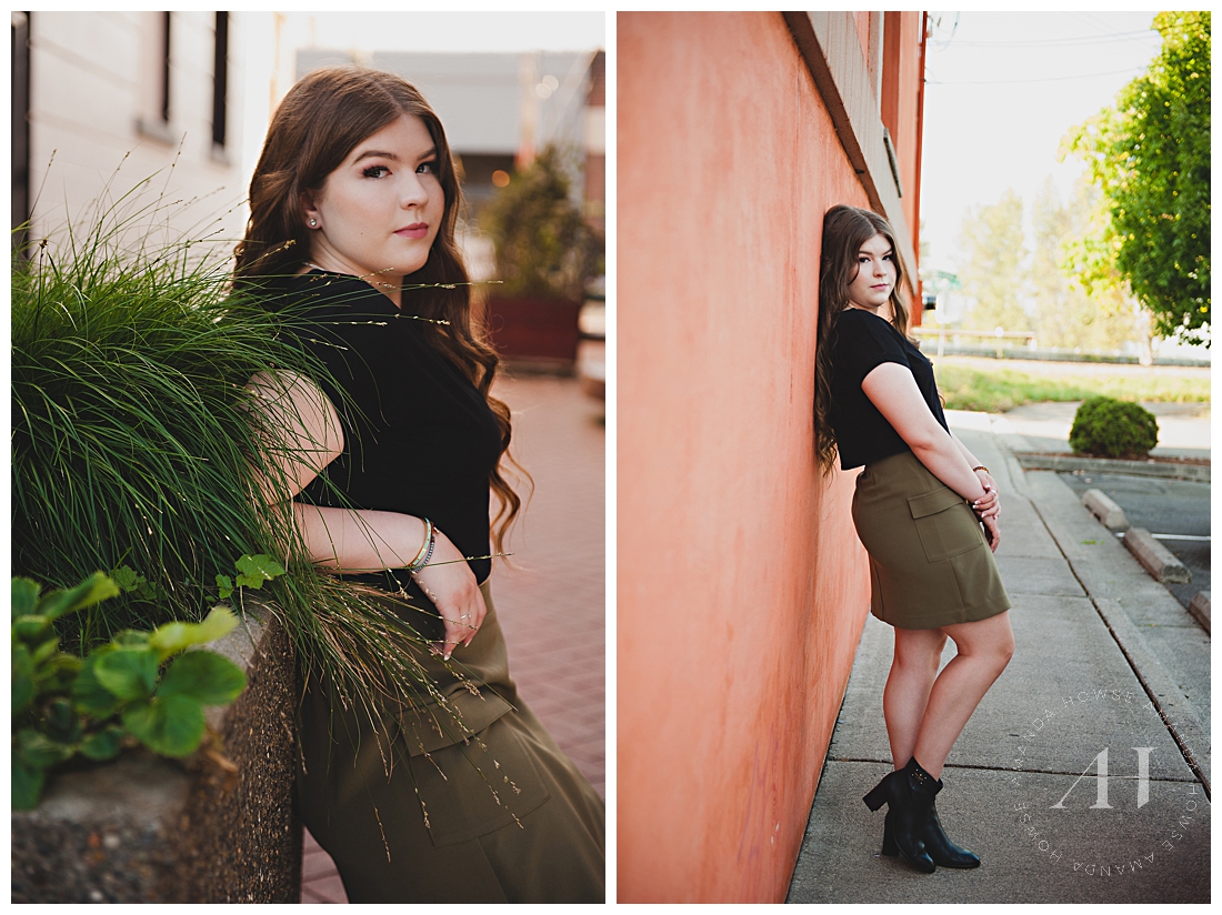 Edgy Senior Portraits Downtown | How to Style an Olive Skirt, Fall Outfit Inspiration for Seniors, Modern Portrait Session | Photographed by the Best Tacoma Senior Photographer Amanda Howse