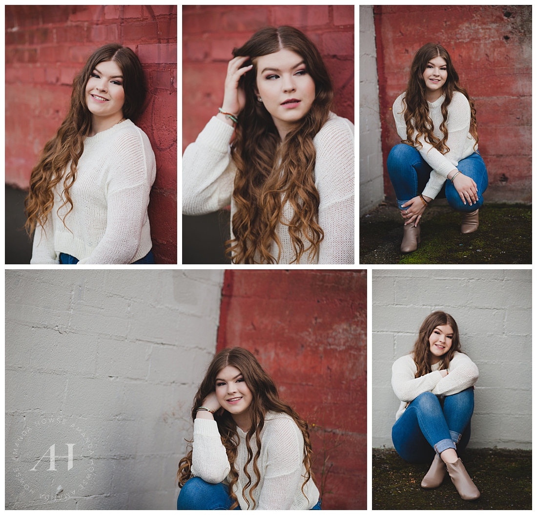 Cozy White Sweater and Jeans for Senior Portraits | How to Pose for Senior Portraits, Senior Portraits with Exposed Brick, Outfit Ideas for Fall Senior Portraits | Photographed by the Best Tacoma Senior Photographer Amanda Howse