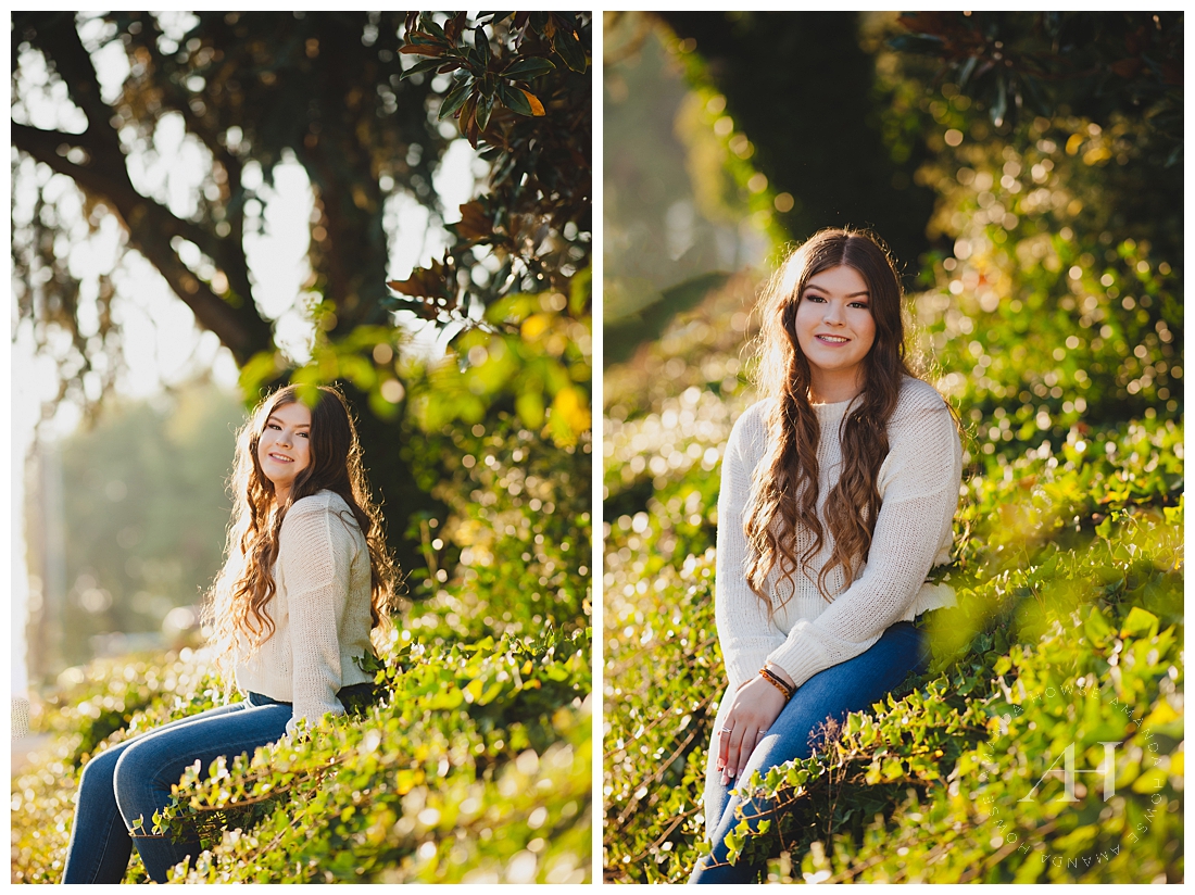 Cute Senior Portraits in a Forest | How to Style Jeans and Sweater, Senior Portrait Outfit Inspiration, Sunset Portraits | Photographed by the Best Tacoma Senior Photographer Amanda Howse