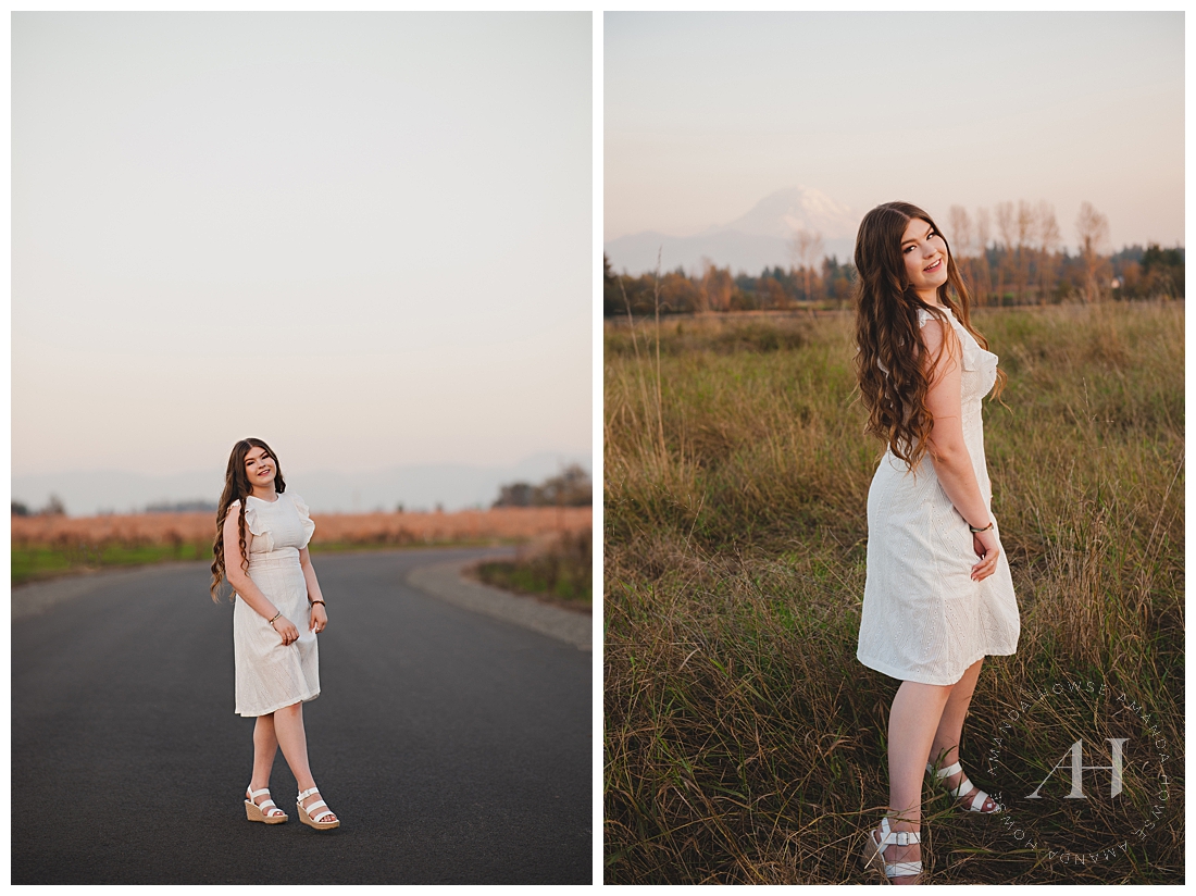 Senior Portraits on a Country Road | White Dress for Senior Portraits, How to Style Heels for Senior Photos, Long Hair, Sunset Portraits | Photographed by the Best Tacoma Senior Photographer Amanda Howse