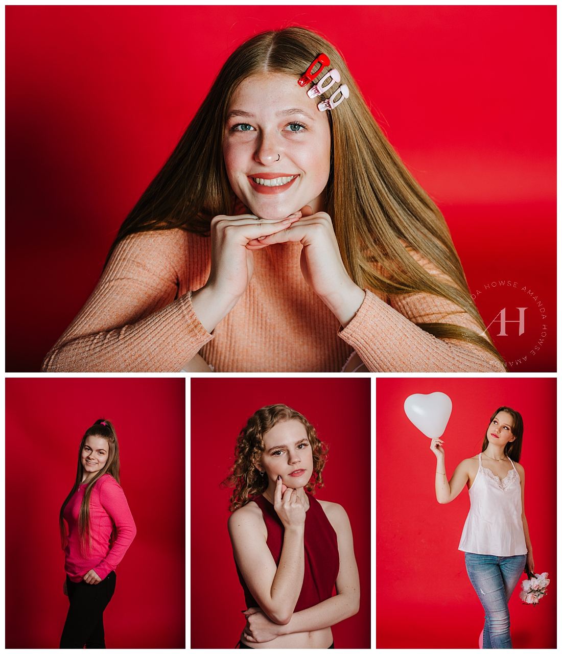 Accessories for Valentine's Day Portraits | How to Style Outfits for Hearts Themed Photoshoot, Pose Ideas for Girls, High School Senior Portraits at Studio 253 | Photographed by Tacoma Senior Photographer Amanda Howse 