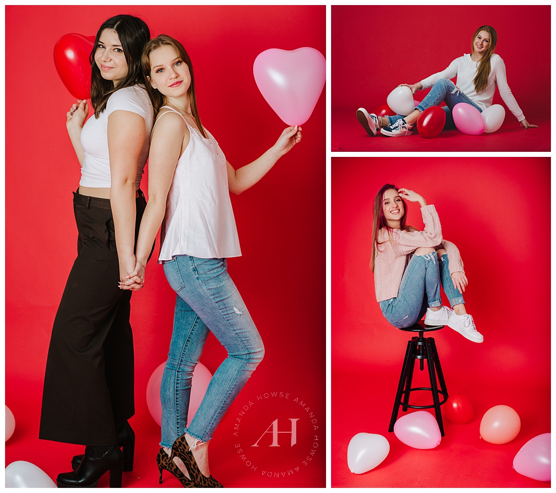 Red and Pink Hearts-Themed Photoshoot | Fun Hearts-Themed Photoshoot, Senior Girls in a Studio with Red Backdrop, Valentine's Day Portraits, Cute Themed Session for the AHP Model Team | Photographed by Tacoma Senior Portrait Photographer Amanda Howse
