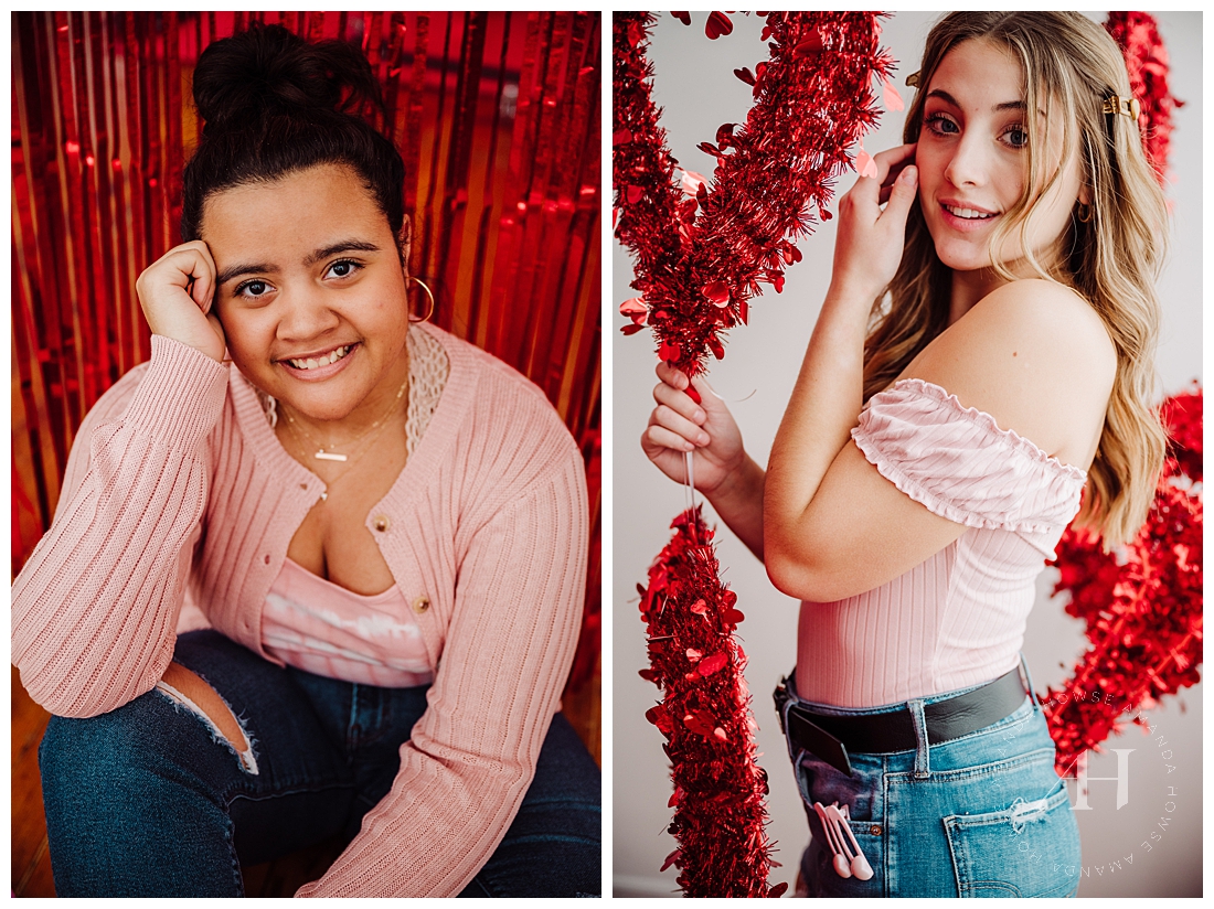 Fun Hearts-Themed Portrait Session with Glittery Red Curtain | Props for Valentine's Day Photoshoot for Seniors, High School Senior Girls, Outfit Inspiration, Fun February Photoshoot | Photographed by Tacoma's Best Senior Portrait Photographer Amanda Howse