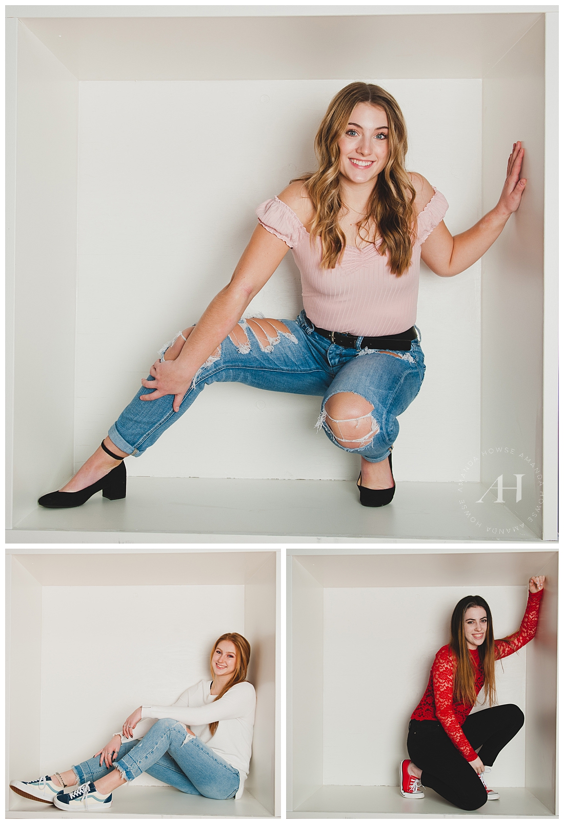 Cute White Box for Senior Portraits | Fun Hearts-Themed Photoshoot, Modern Studio Portraits in Tacoma, Studio 253, Pose Ideas for Senior Girls, Group Photoshoot with the AHP Model Team | Photographed by the Best Tacoma Senior Portrait Photographer Amanda Howse