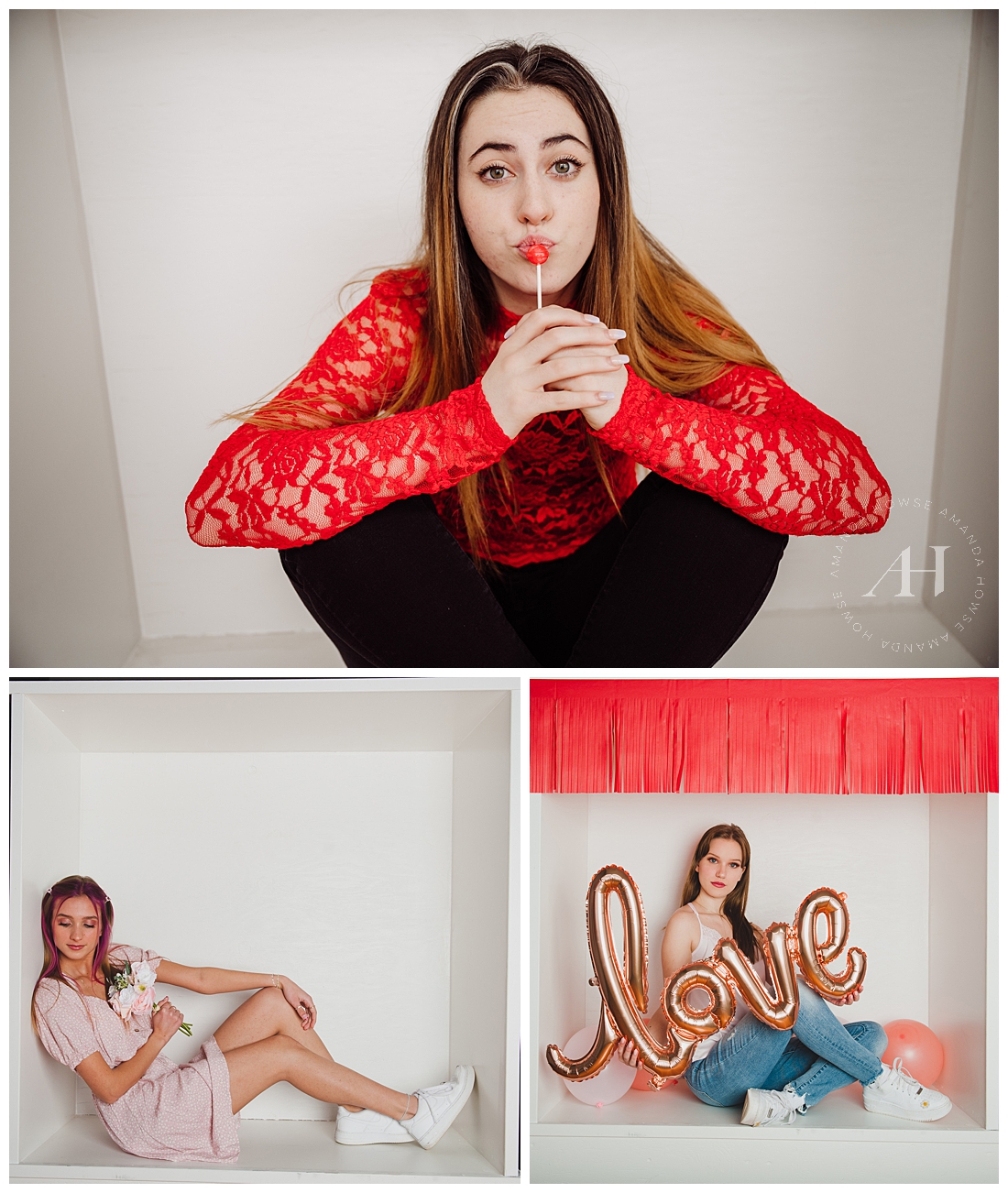 Senior Portraits in a 4x4 White Box | Modern Senior Portraits, Hearts-Themed Portraits, Love Bouquet, Valentine Outfit Ideas, Love Balloon, How to Style a Dress with Sneakers | Photographed by Tacoma Senior Photographer Amanda Howse