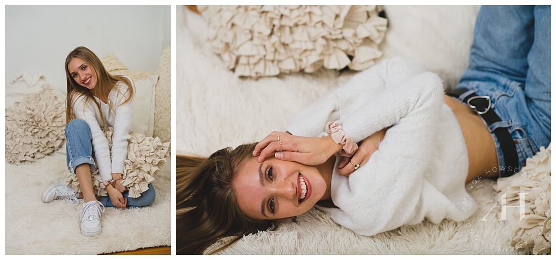 AHP Model Team Member Posing in the Studio | Cozy Corner of Studio 253, Pose Ideas for Senior Portraits, Ivory Bedding and Outfits for A Styled Portrait Session | Photographed by the Best Tacoma Senior Photographer Amanda Howse 