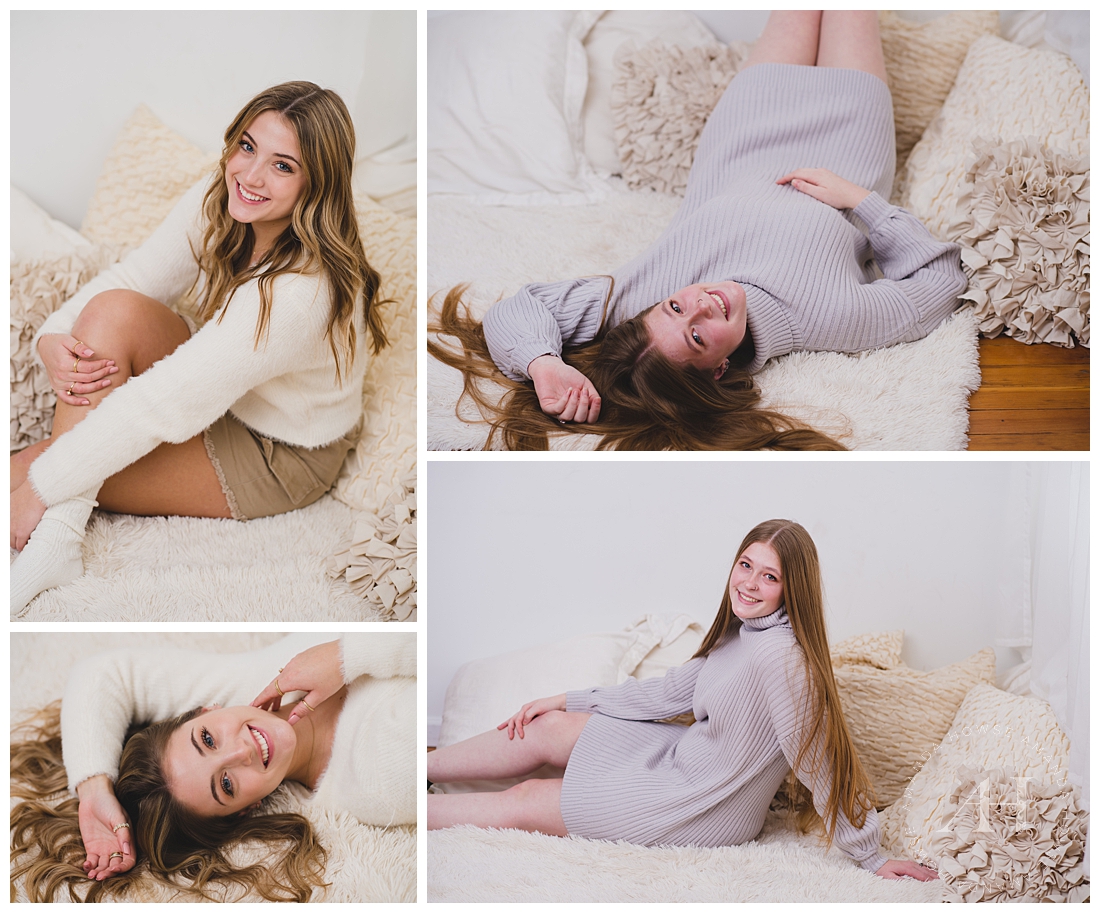 Casual Senior Portraits with Bedroom Decor Inspiration, How to Style Senior Portraits with a Monochrome Color Palette | Photographed by the Best Tacoma Senior Photographer Amanda Howse 