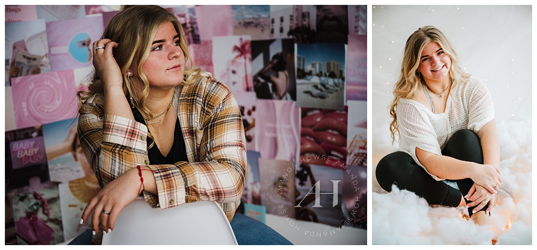 Fun Senior Portraits with Colorful Collage Wall by Tezza | Cloud Portraits for Senior Girls with String Lights | Photographed by the Best Tacoma Senior Photographer Amanda Howse 