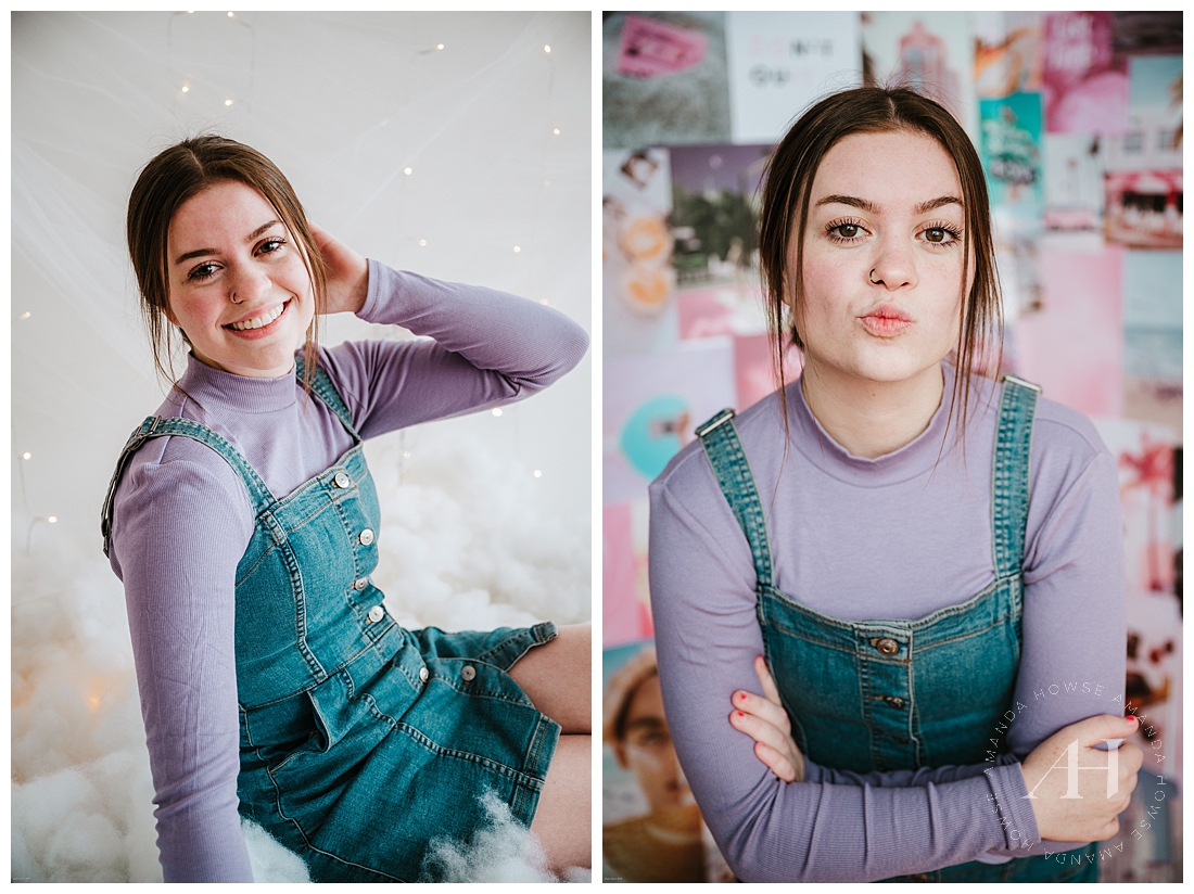 How to Style Overalls for Senior Portrait | Senior Girl in Purple Shirt and Denim Overalls, Collage Kit by Tezza in the Background, Fun Cloud Themed Shoot with String Lights | Photographed by the Best Tacoma Senior Photographer Amanda Howse 