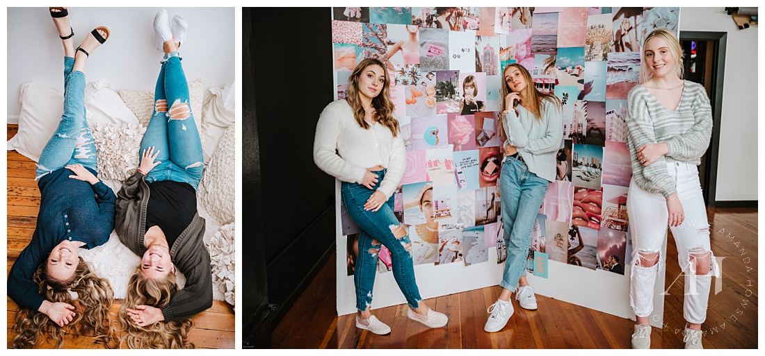 AHP Model Team Posing in the Studio with the Collage Wall | Cute Senior Portraits with Model Team Rep | Photographed by the Best Tacoma Senior Photographer Amanda Howse 