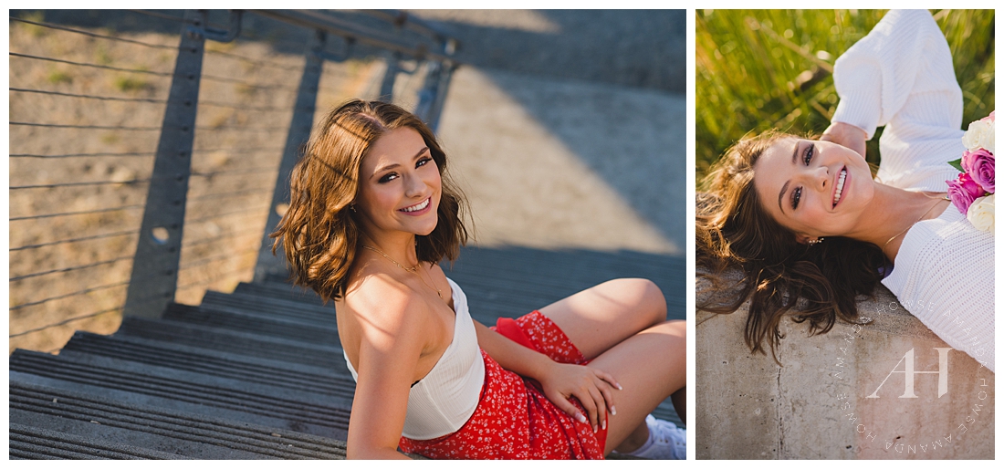 Cute Summer Portraits at Chambers Bay | Hair and Makeup Ideas for Senior Portraits, Senior Girl Posing on Steps | Amanda Howse Photography | The Best Tacoma Senior Photographer