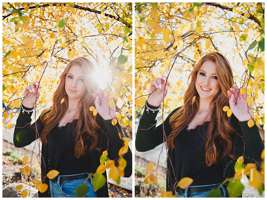 Fall Senior Portraits in Tacoma with Sunlight | Sunny Senior Portraits, Modern Poses for Senior Photos, Professional Hair and Makeup in Tacoma, Glam Makeup, Long Hair Senior Portraits, Senior Portrait Photography | Amanda Howse Photography | Tacoma's Best Senior Photographer