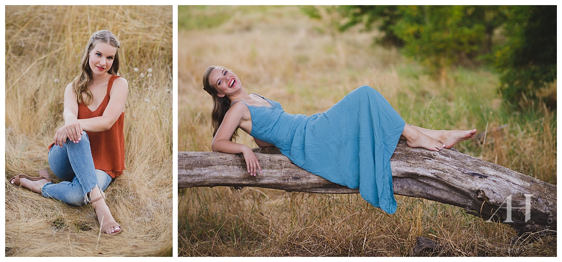 Senior Girl Posing on a Fallen Tree | How to Pose for Outdoor Senior Portraits | Photographed by the Best Tacoma Senior Portrait Photographer Amanda Howse