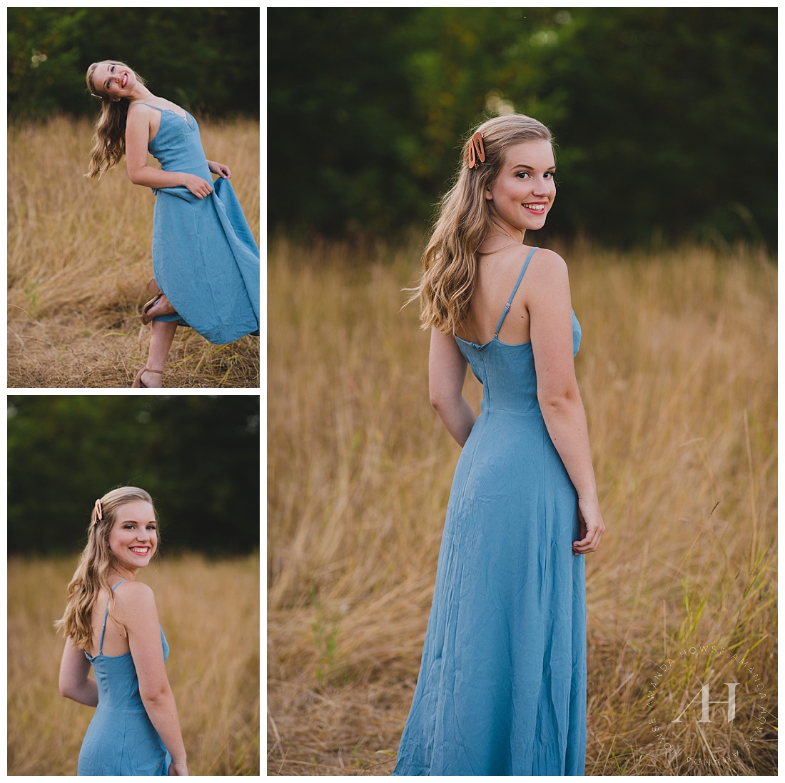 High School Senior Girl in Long, Flowy Blue Dress | Rustic Senior Portraits, What to Wear for Country Senior Portraits, How to Style Outdoor Senior Portraits in Hot Weather | Photographed by the Best Tacoma Senior Portrait Photographer Amanda Howse