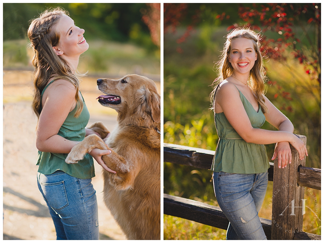 High School Senior Girl with her Golden Retriever | How to Include your Pets in Senior Portraits, Summer Outfit Ideas, Outdoor Senior Portrait Inspiration, Summer Portraits in Washington | Photographed by the Best Tacoma Senior Portrait Photographer Amanda Howse