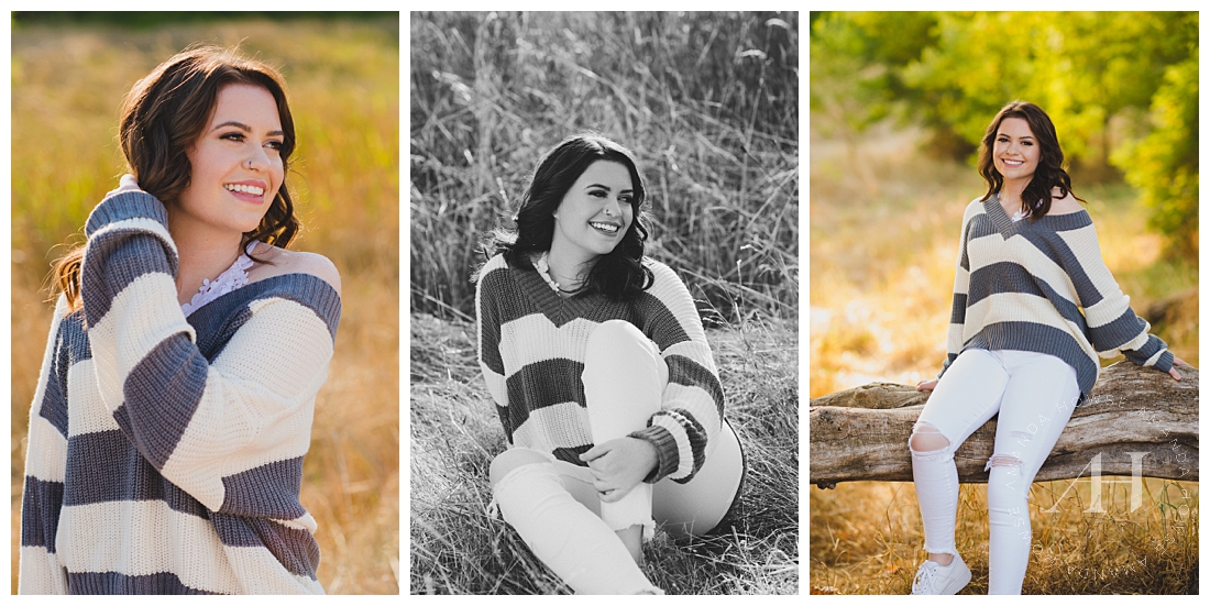 Senior Portraits in a Striped Sweater | How to Style Distressed White Jeans, Location Ideas for Senior Portraits Near Tacoma, Fort Steilacoom Senior Portraits | Amanda Howse Photography | The Best Tacoma Senior Portrait Photographer
