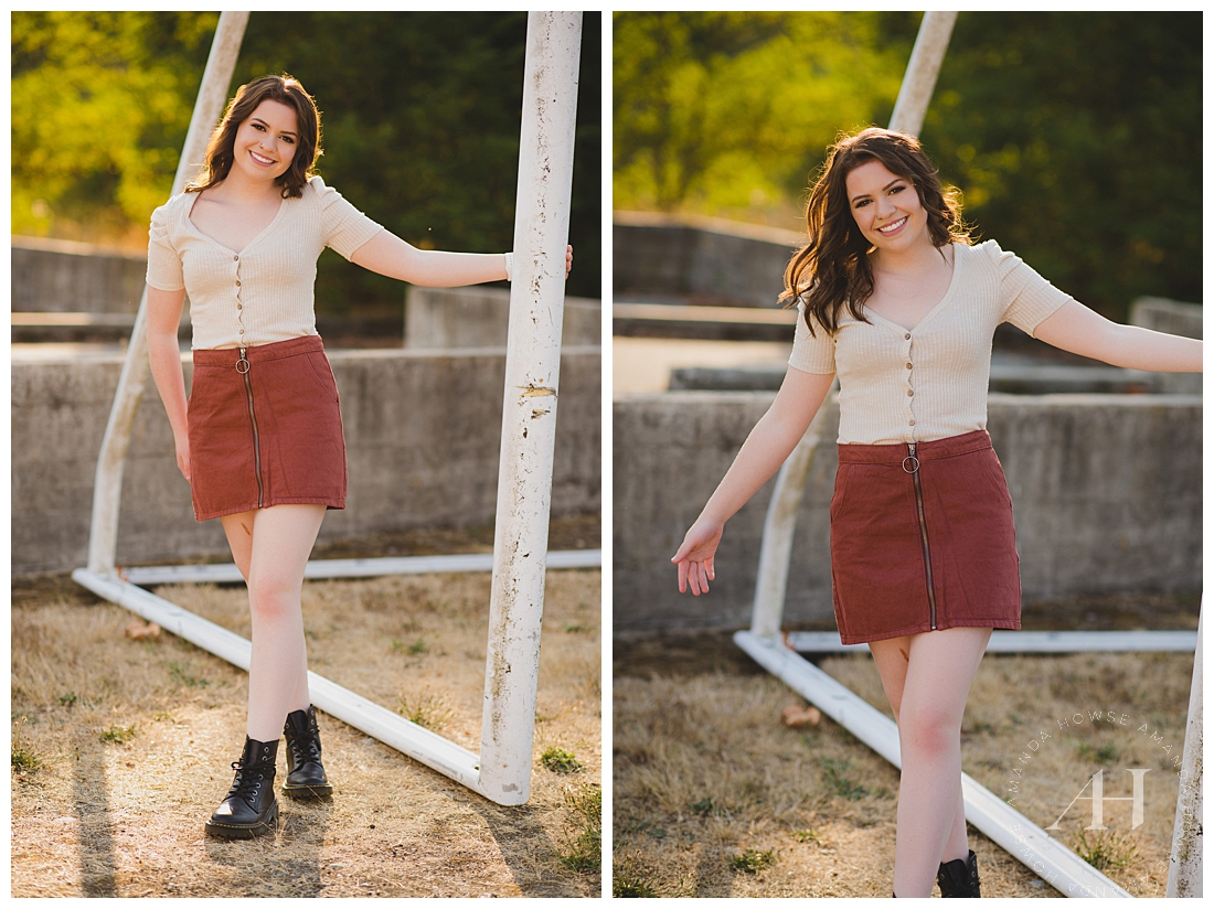 Fun Outfits for Senior Portraits | How to Wear a Skirt and T-Shirt for Senior Portraits, Ankle Boots for Senior Portraits, Cute Fall Outfit Ideas | Amanda Howse Photography | The Best Tacoma Senior Portrait Photographer