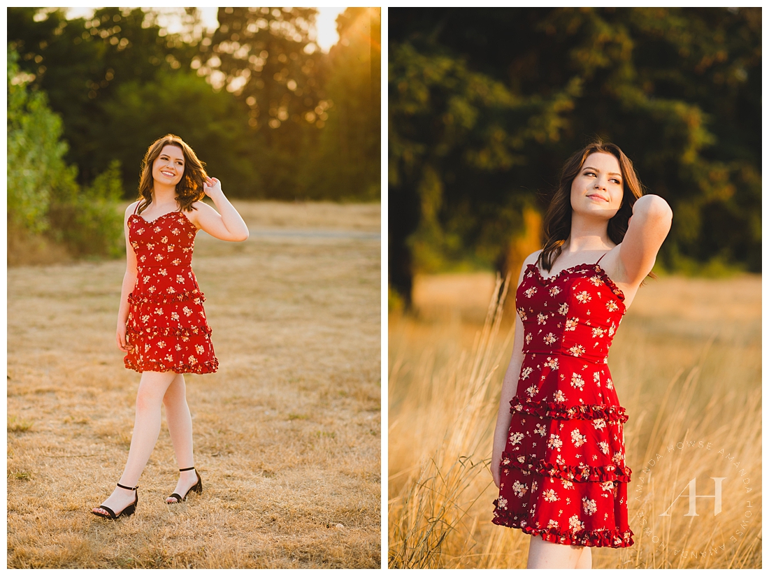 High School Senior Girl Rocking her Summer Session in a Little Red Dress | Outfit, Hair, and Makeup Inspiration for Late Summer Senior Portraits | Amanda Howse Photography | The Best Tacoma Senior Portrait Photographer