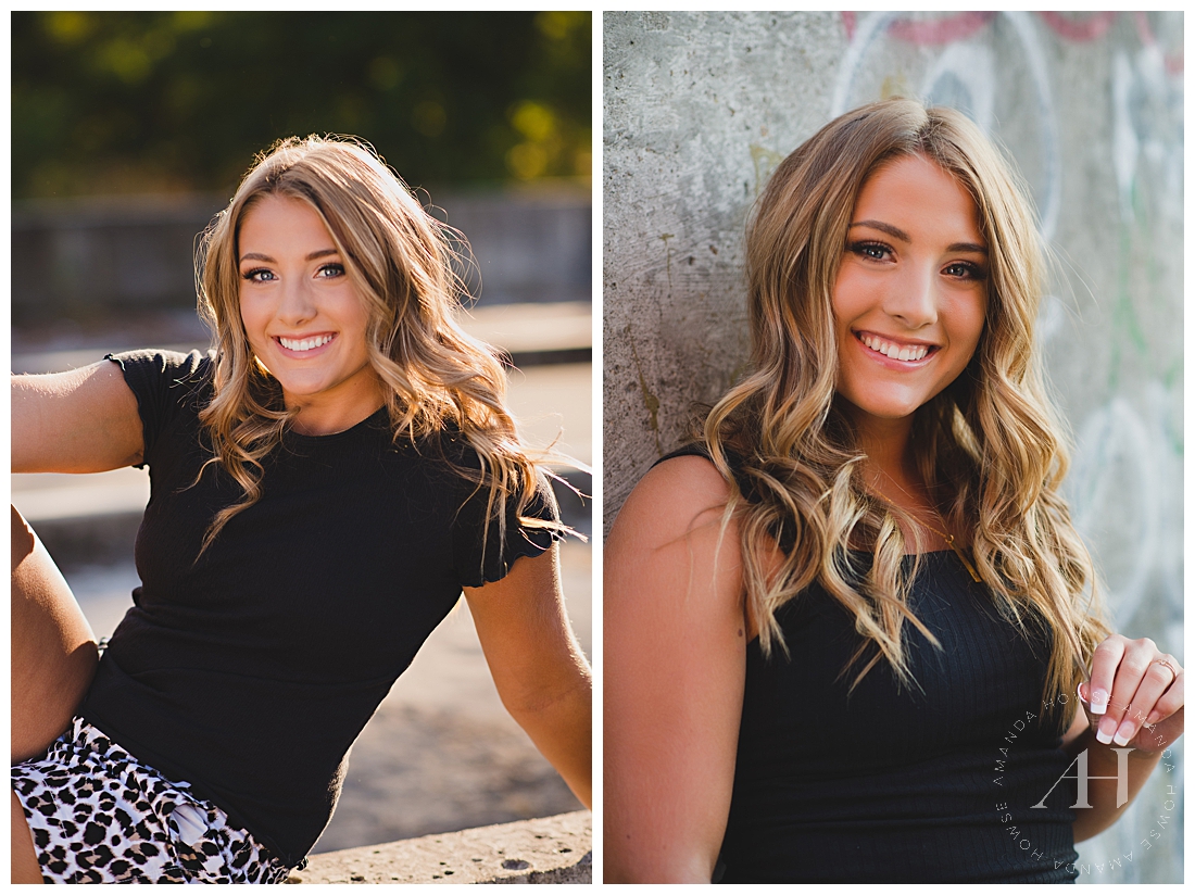 Cute Senior Portraits with Black Top and Leopard Print Shorts | How to Style Casual Senior Portraits, Summer Outfit Ideas, What to Wear for Senior Portraits | Photographed by the Best Tacoma Senior Photographer Amanda Howse
