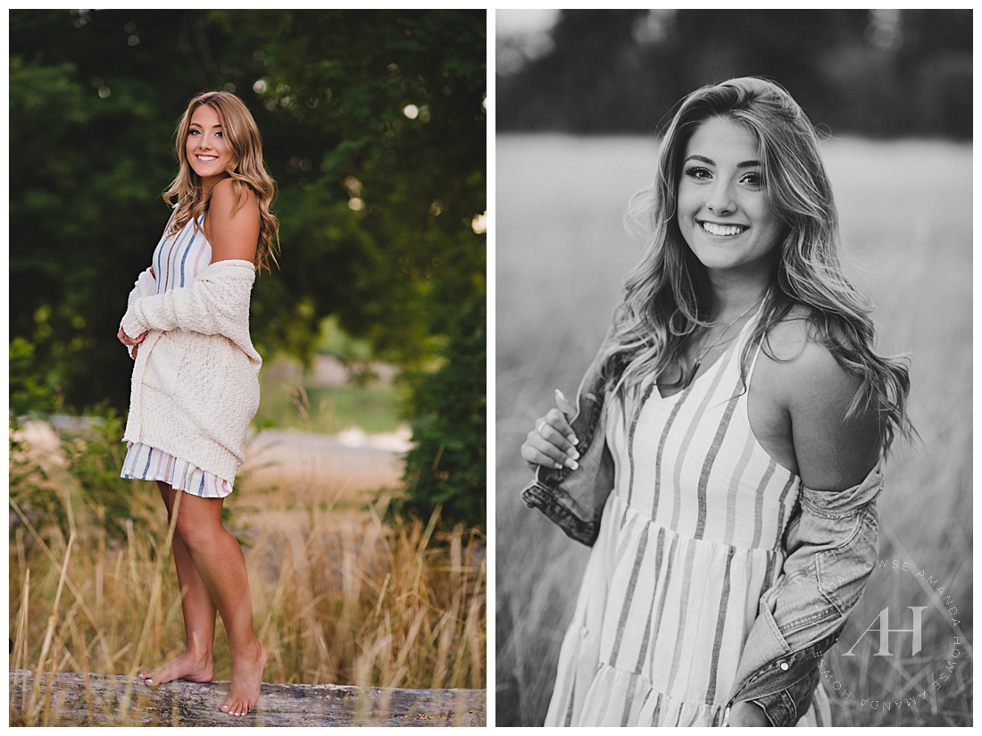 How to layer for senior portraits: grab a cute, flowy dress and a chunky cardigan. This senior shows off all-American, girl next door style on the blog. Don't miss it! | Photographed by the Best Tacoma Senior Photographer Amanda Howse