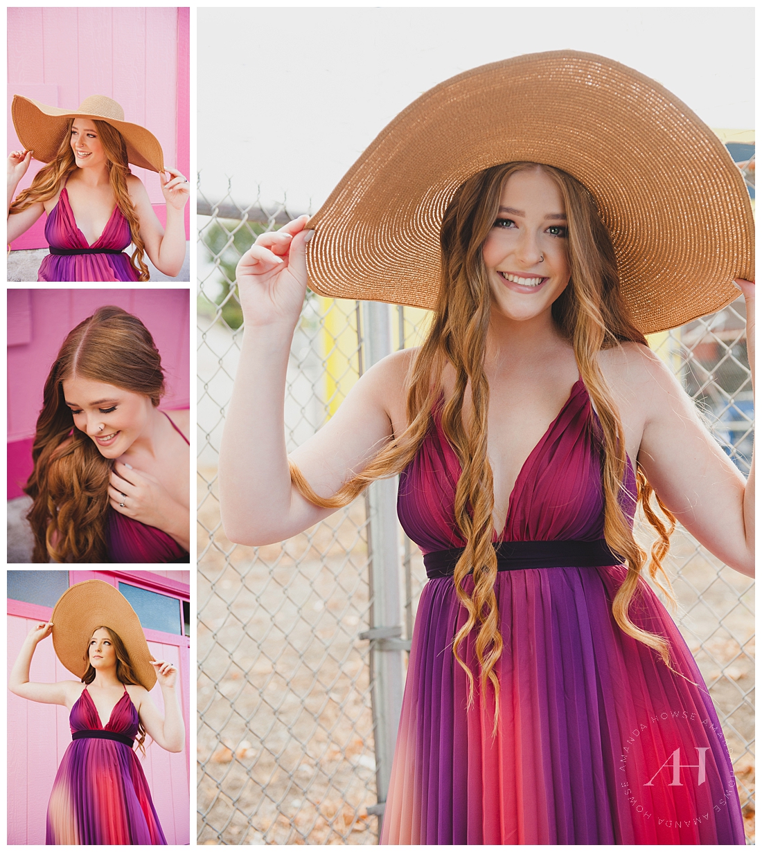 Ombre Pleated Dress and Big Floppy Hat for Senior Portraits | Glam Senior Portraits in Tacoma, Fun Outfit Ideas, Senior Portraits with a Pink Wall | Photographed by the Best Tacoma Senior Portrait Photographer Amanda Howse Photography