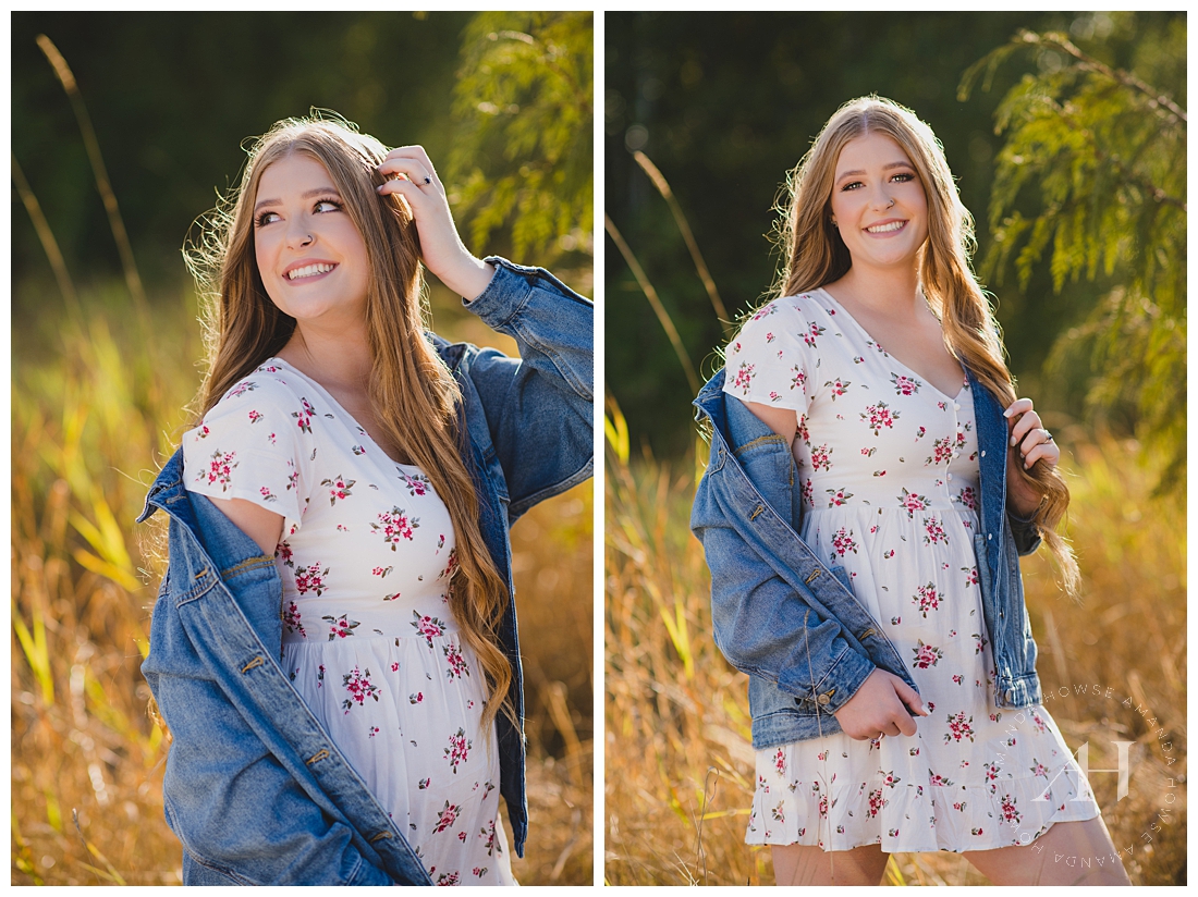 Cute Jean Jacket and Floral Dress Combo for Senior Portraits | Senior Portrait Outfit Inspo. Hair and Makeup Ideas | Photographed by the Best Tacoma Senior Portrait Photographer Amanda Howse Photography