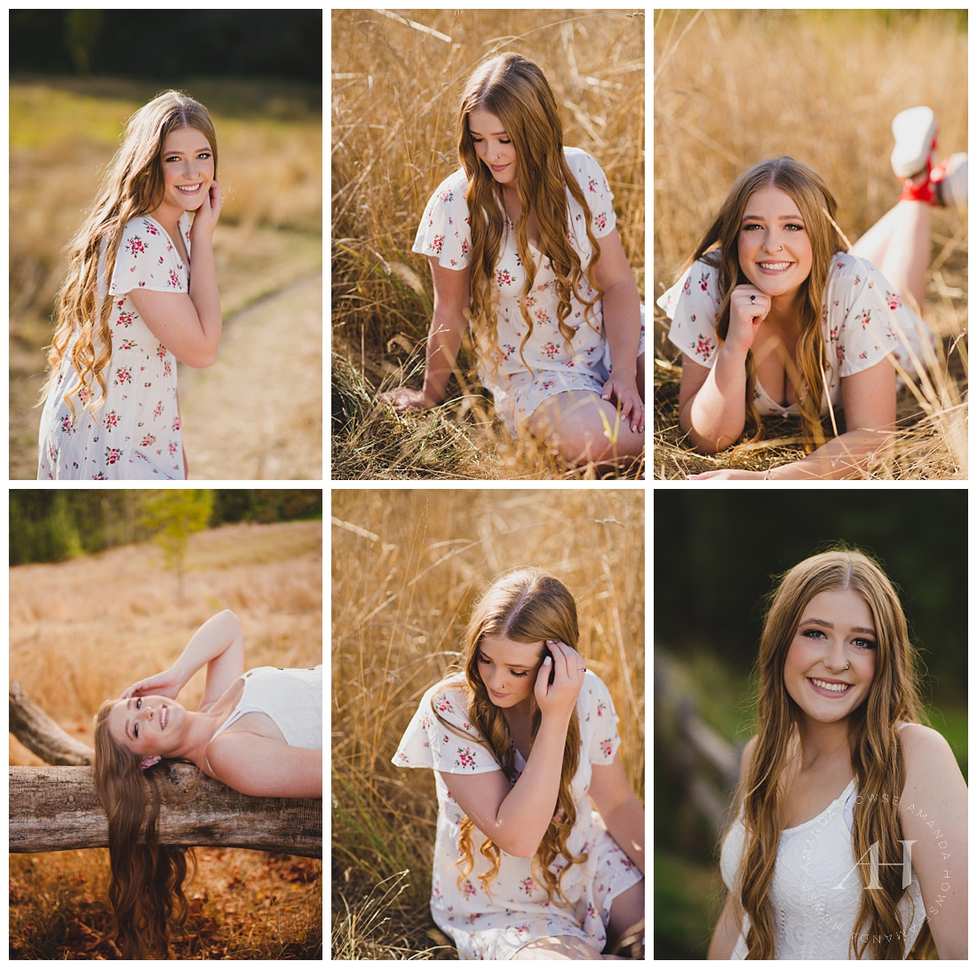 Golden Summer Senior Portraits | How to Style a Floral Print Dress for Summer Senior Portraits, Fort Steilacoom Senior Portraits, Candid Portraits of High School Senior Girls | Photographed by the Best Tacoma Senior Portrait Photographer Amanda Howse