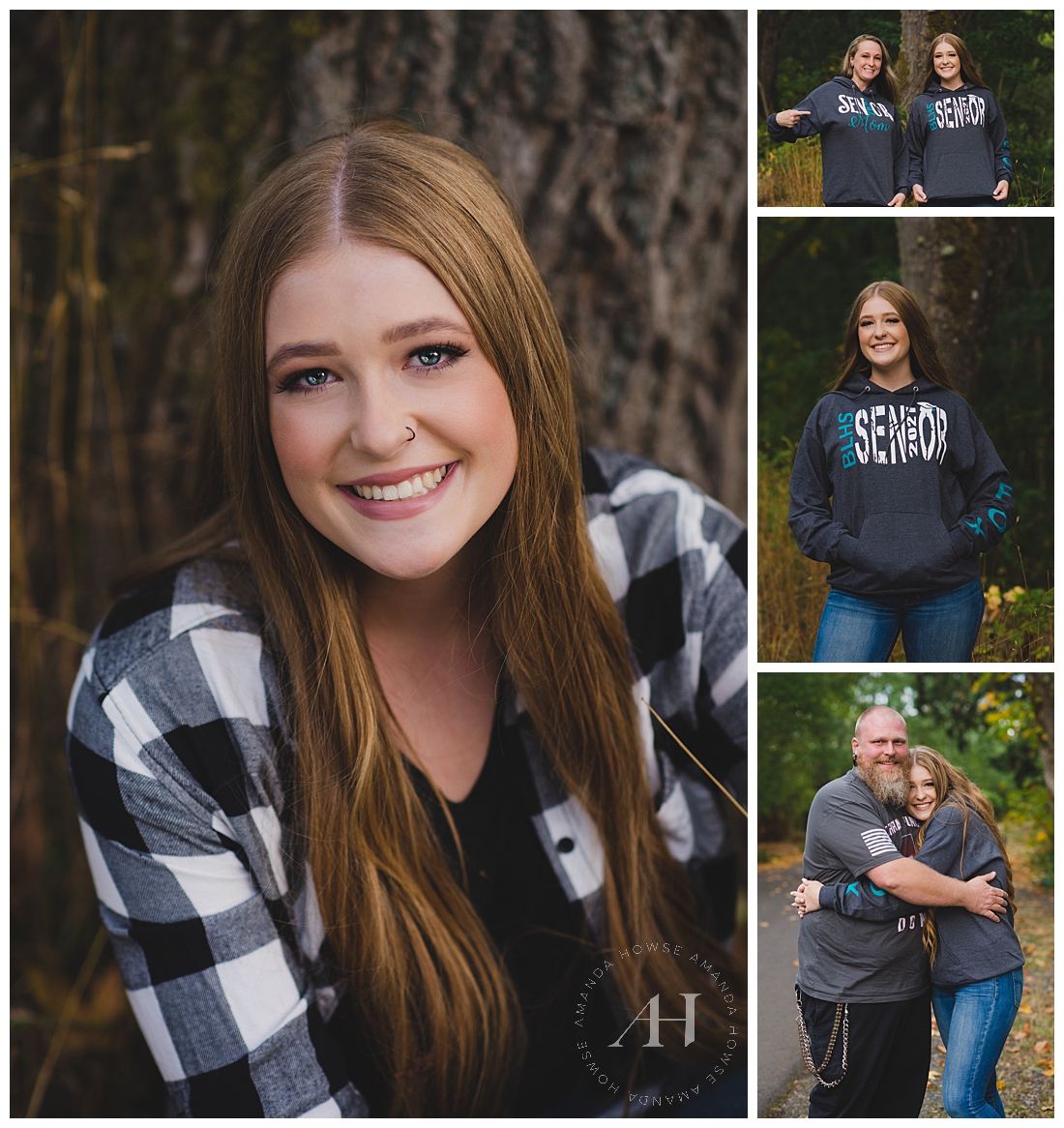 Senior Photo Outfit Ideas | Washington Senior Portraits with Buffalo Check Flannel and Skinny Jeans, Wearing School Spirit Wear for Senior Portraits, Bringing Your Parents To Your Senior Portrait Session | Photographed by the Best Tacoma Senior Portrait Photographer Amanda Howse
