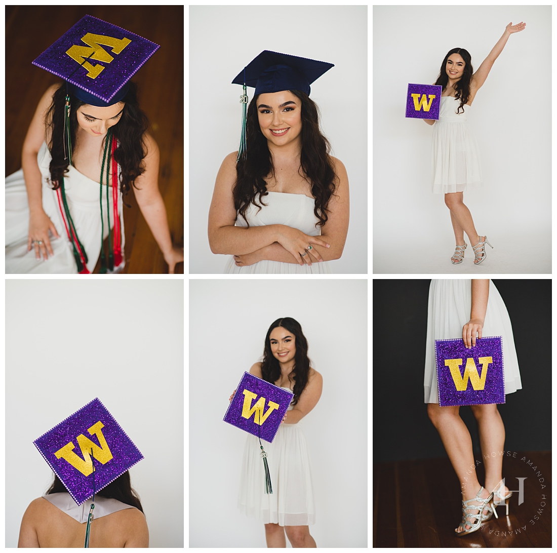 Personalized Cap for Cap and Gown Portraits | College Logo on Graduation Cap, How to Style Your Graduation Outfit | Photographed by the Best Tacoma Senior Portrait Photographer Amanda Howse
