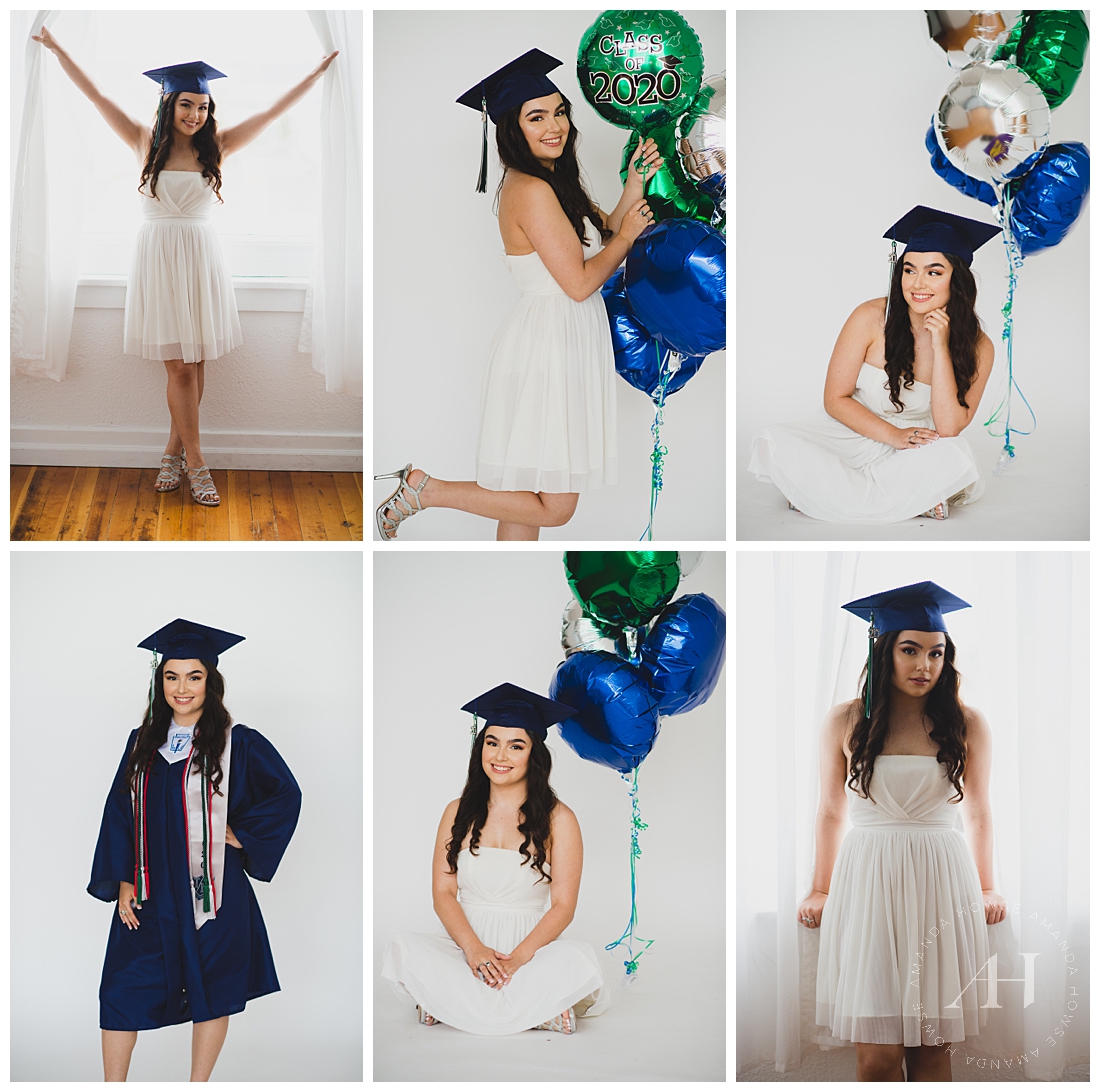 Fun Senior Portraits with Balloons | Studio 253 Cap and Gown Portraits, How to Style a White Dress for Graduation | Photographed by the Best Tacoma Senior Portrait Photographer Amanda Howse
