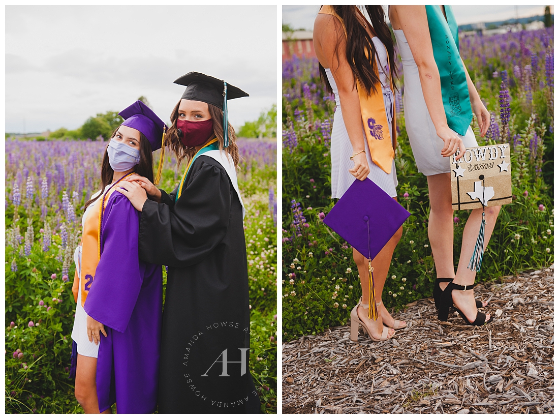 Outdoor Cap and Gown Portraits with Your BFF | Best Friend Portraits, Floral Fields, Fun Graduation Portraits | Photographed by the Best Tacoma Senior Portrait Photographer Amanda Howse