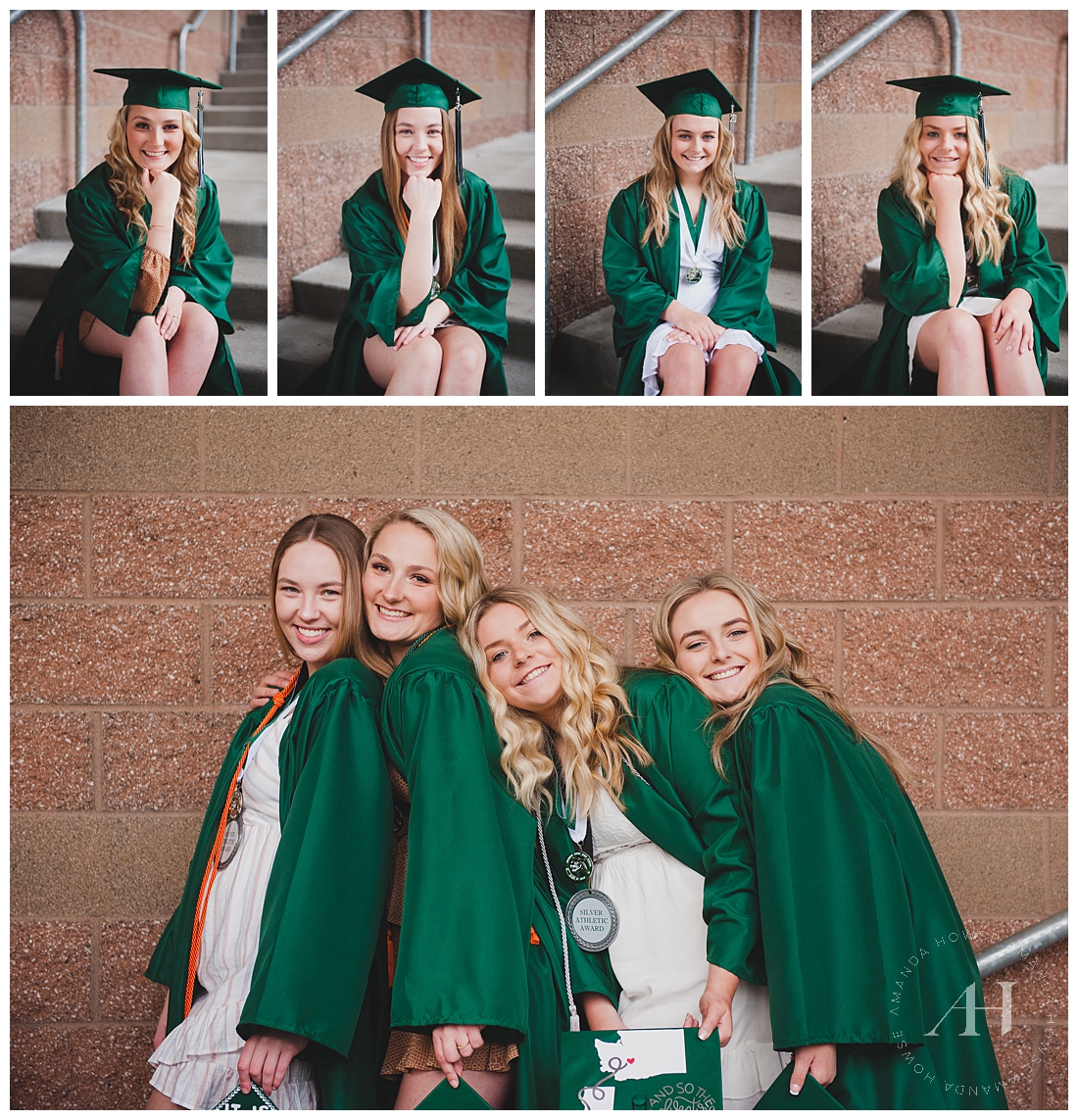 Graduation Portraits on High School Steps With Your Best Friends | How to Style a White Dress for Graduation, Hair and Makeup Inspo for High School Seniors | Photographed by the Best Tacoma Senior Portrait Photographer Amanda Howse