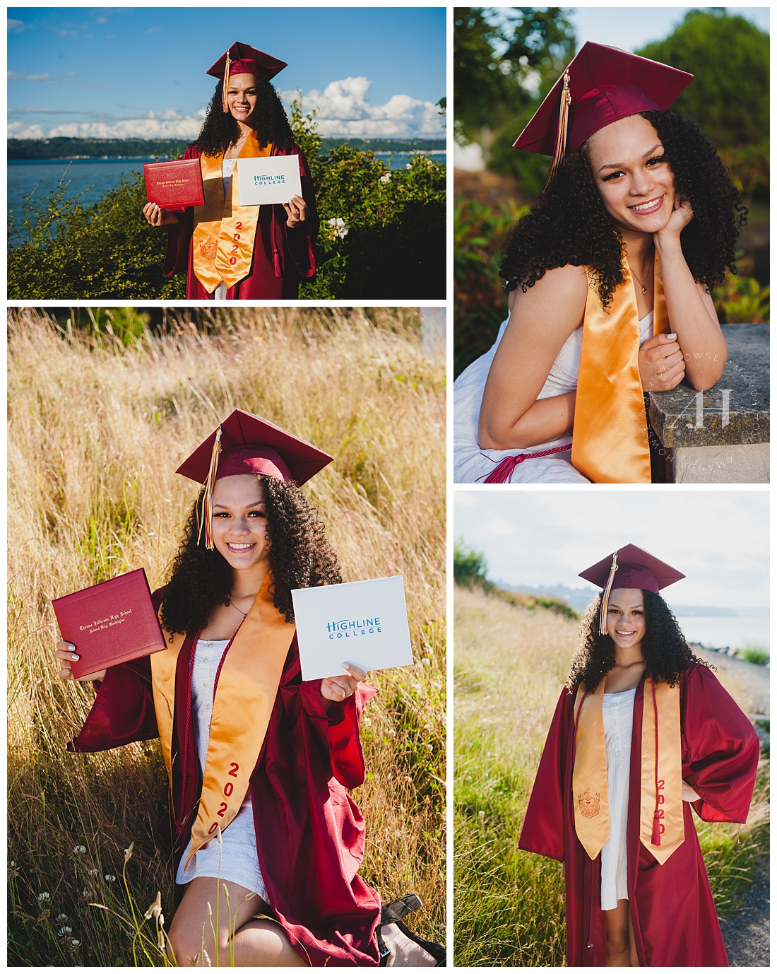 Outdoor Cap and Gown Portraits in Tacoma | Red and Gold Cap and Gown Portraits, Posing with Your Diploma, Modern Senior Portraits for Graduation | Photographed by the Best Tacoma Senior Photographer Amanda Howse