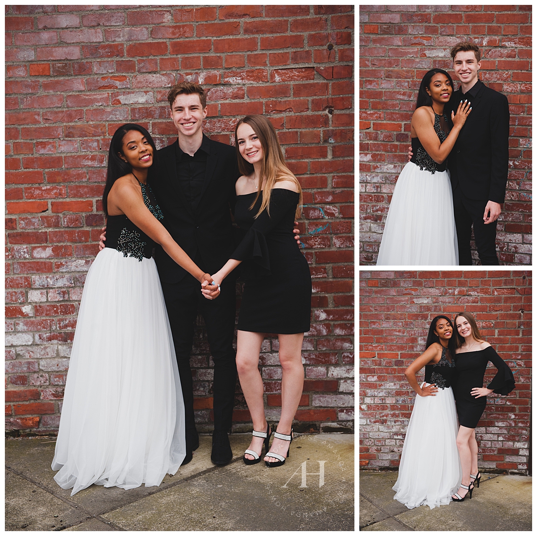 Prom Portraits in Front of a Brick Wall | Modern Prom Portraits in Downtown Tacoma, How to Wear Black and White Outfits for Prom, White and Black Ballgown for Prom, Black Suit for Prom | Photographed by Tacoma Senior Portrait Photographer Amanda Howse