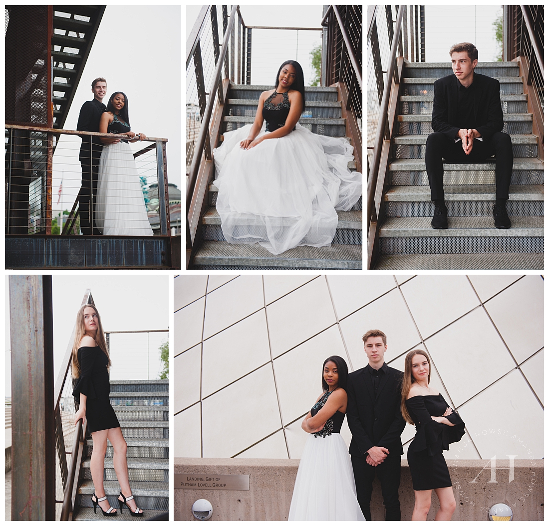 Coordinated Prom Outfits for Friends | Black and White Prom Gown, Black Suit for Prom, Black Mini Dress for Prom, Modern Prom Portraits, Tacoma Museum of Glass | Photographed by Tacoma's Best Senior Portrait Photographer Amanda Howse