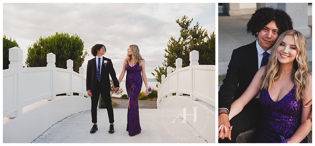 High School Seniors Walking Across A Bridge in Prom Outfits | Tux Ideas for Senior Portraits, How to Style a Prom Mini Session, Tacoma Prom Ideas | Photographed by Tacoma Senior Portrait Photographer Amanda Howse