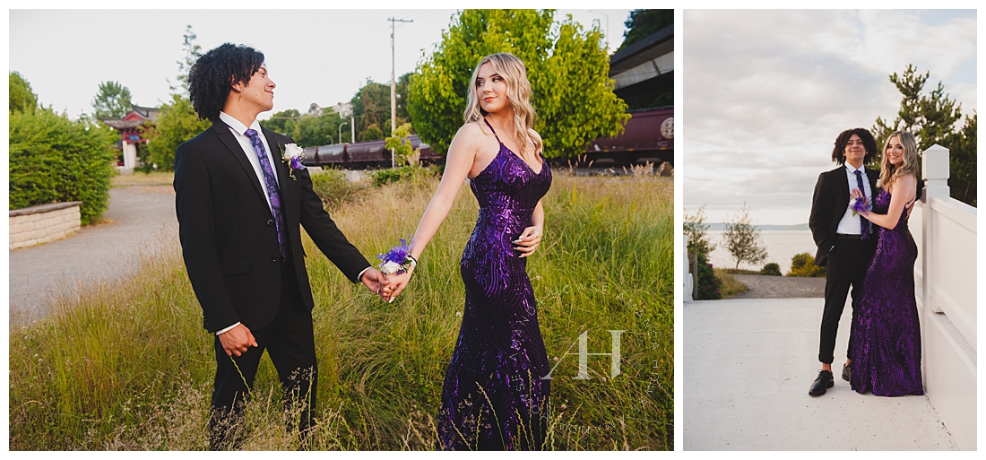 Senior Prom Date Portraits | Cute High School Sweethearts, Outdoor Portraits for Prom, How to Style a Purple Dress for Prom, Sequined Gowns for Prom | Photographed by Tacoma Senior Photographer Amanda Howse 