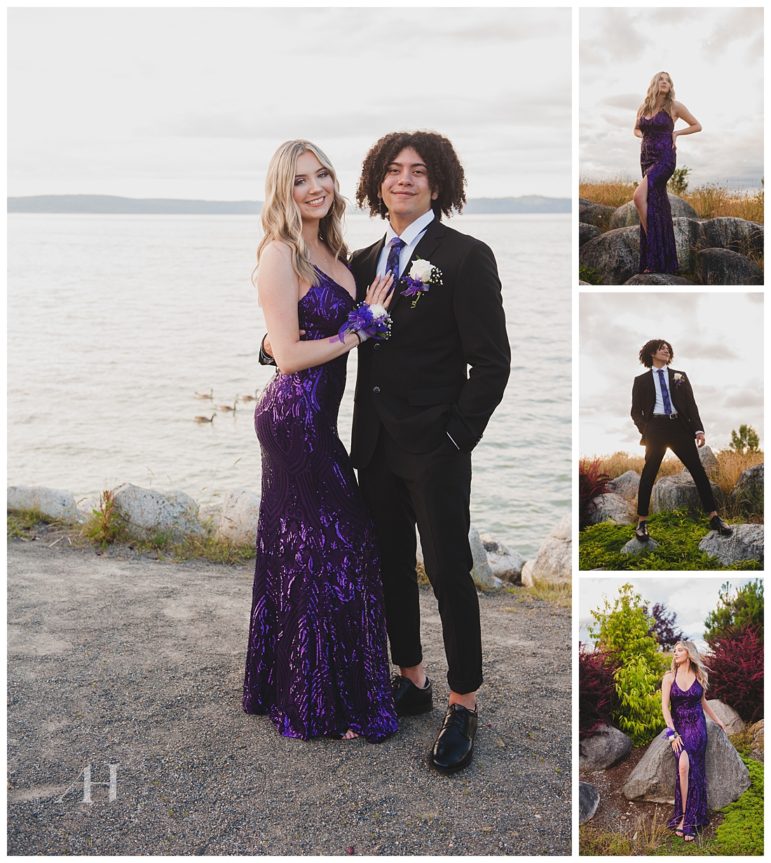 Senior Prom Couple in Purple Dress and Matching Suit | How to Coordinate Prom Outfits with Your Date, Prom Mini Sessions in Tacoma, 2021 Prom Ideas | Photographed by the Best Tacoma Senior Photographer Amanda Howse