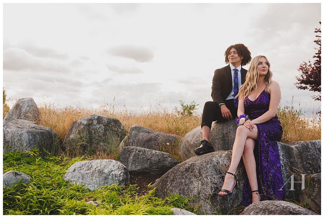 Glam High School Senior Couple in Tacoma Sitting on a Rock | Modern Prom Portraits for 2021, Prom Dress Ideas, How to Match Your Prom Date | Amanda Howse Photography, Tacoma's Best Senior Photographer