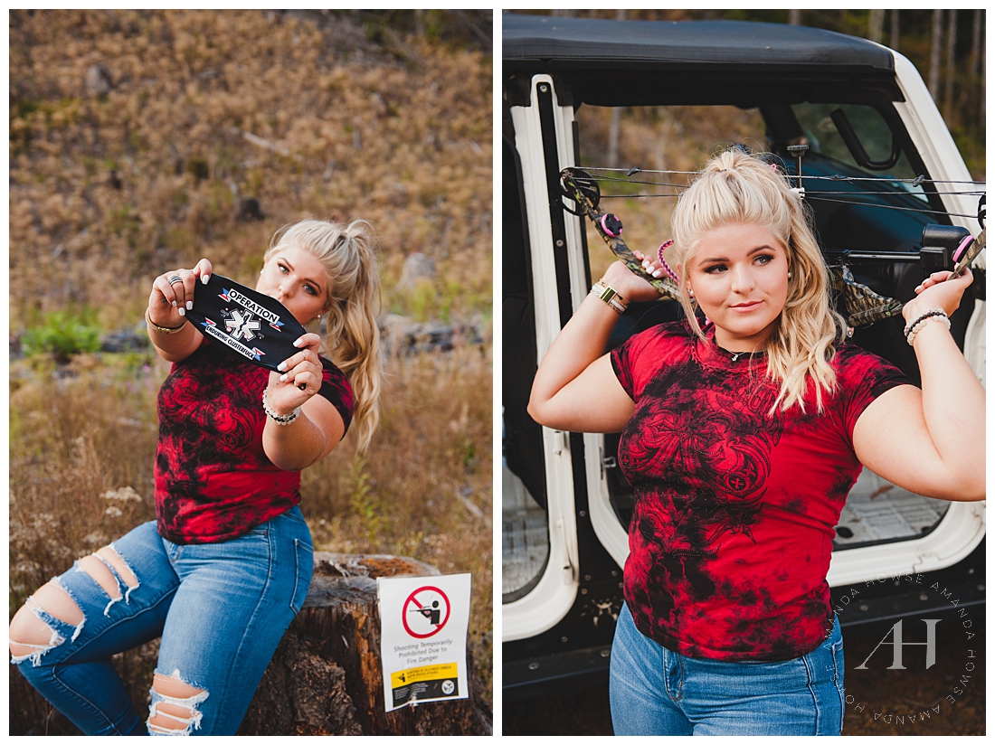 Rugged Senior Portraits Outdoors | Senior Portraits with a Bow and Arrow, Jeep Rubicon for Senior Portraits | Photographed by Tacoma's Best Senior Portrait Photographer Amanda Howse Photography