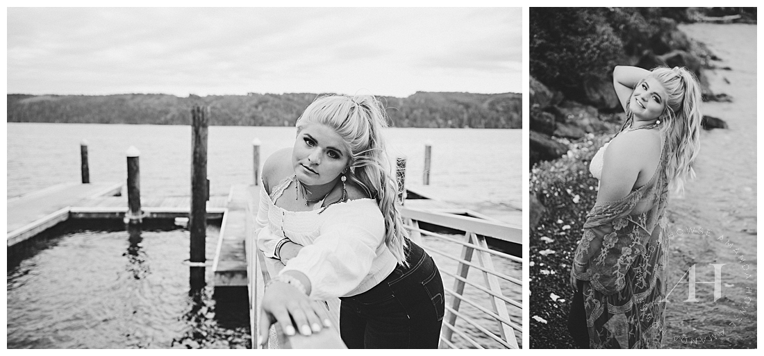 Shelton Boat Dock Senior Portraits with High School Senior | Modern Black and White Senior Portraits, Cute Senior Session on the Water | Photographed by Tacoma's Best Senior Portrait Photographer Amanda Howse Photography