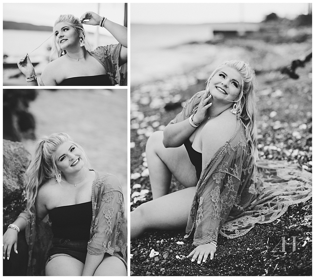 Beach Portraits in Washington | Black and White Senior Portraits, How to Style a Beach Coverup for Senior Portraits, Cute Summer Outfits for High School Seniors | Photographed by Tacoma's Best Senior Portrait Photographer Amanda Howse Photography