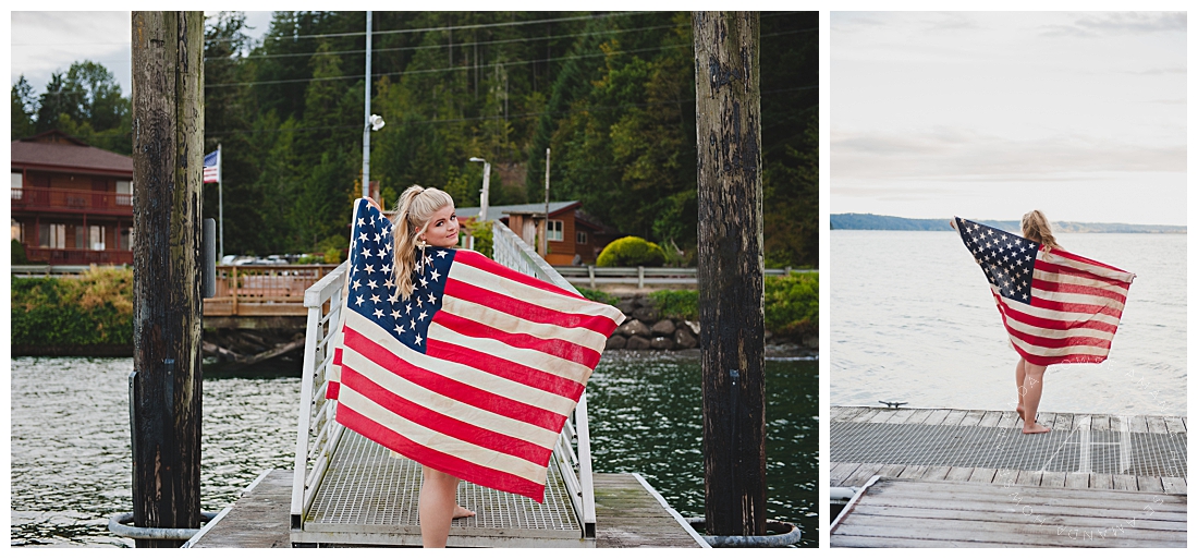 Patriotic Senior Portraits on a Boat Dock | How to Use an American Flag in Your Senior Portraits, Outdoor Senior Portrait Session | Photographed by Tacoma's Best Senior Portrait Photographer Amanda Howse Photography