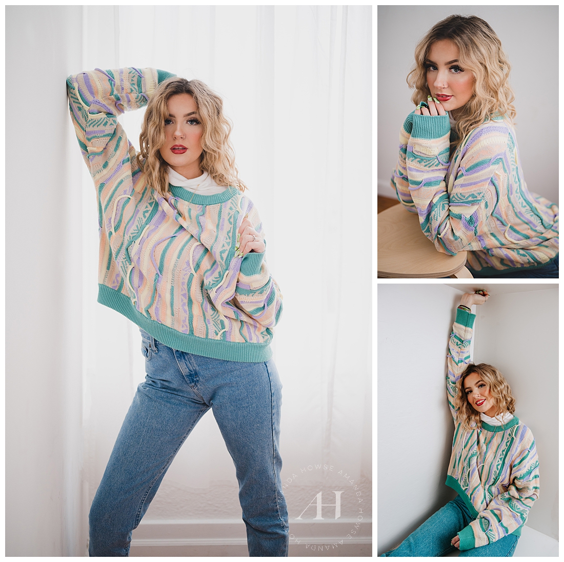 Glam Photoshoot with Gorgeous Hair and Makeup | 1980s Fashion, How to Style Mom Jeans, an Oversized Sweater, and Turtleneck | Photographed by Tacoma Senior Portrait Photographer Amanda Howse