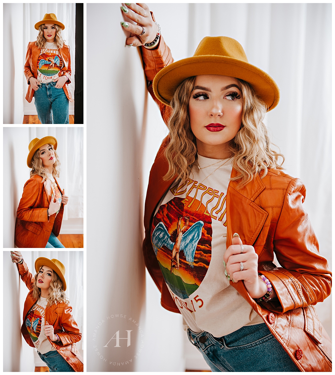 Fun 1970s Styled Photoshoot at Studio 253 | Led Zeppelin T-Shirt, Orange Leather Jacket, Fedora, Denim | Photographed by Amanda Howse, Tacoma's Best Portrait Photographer 