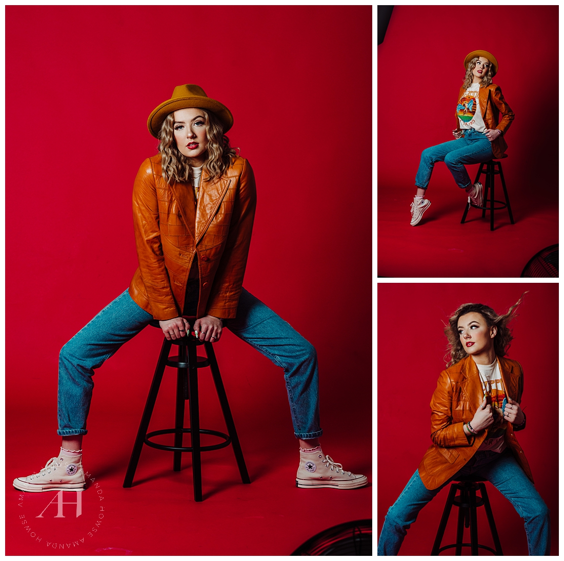 Modern Studio Photoshoot with Bold Red Background | How to Style a Fashion Shoot, 1970s Outfit Inspiration, Orange Pleather Coat and Matching Fedora | Photographed by Tacoma Senior Portrait Photographer Amanda Howse