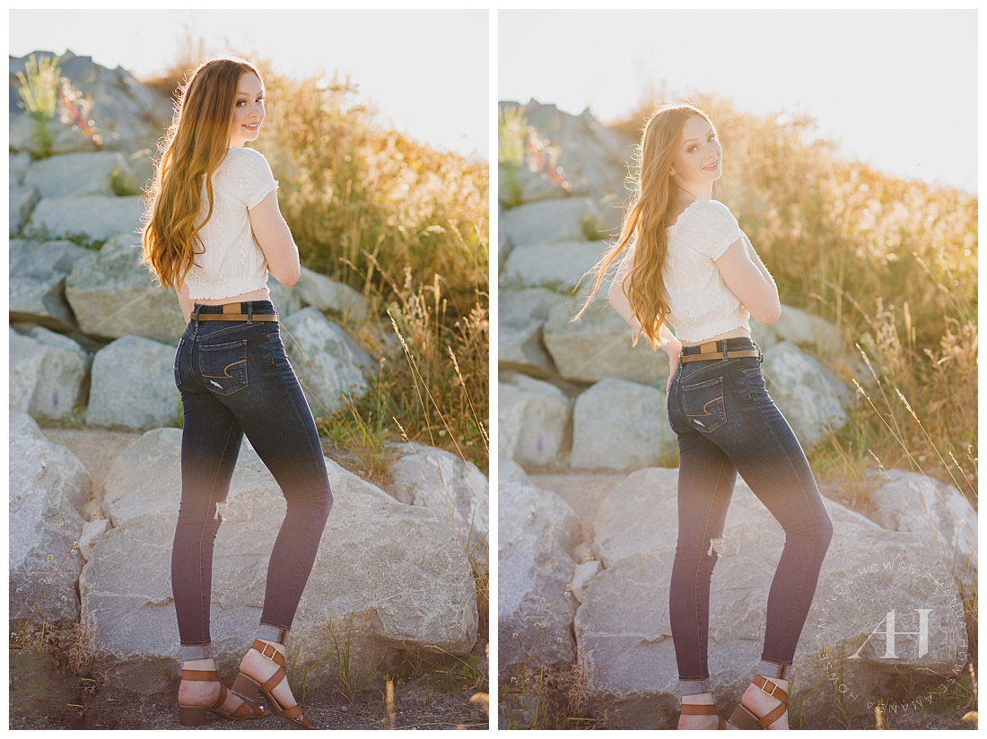 Golden Hour Senior Portraits | Casual Outfits for Senior Portraits, How to Wear High-Waisted Jeans, Summer Outfit Ideas, Pro Hair and Makeup for Senior Portraits | Amanda Howse Photography | Photographed by Tacoma's Best Senior Portrait Photographer 