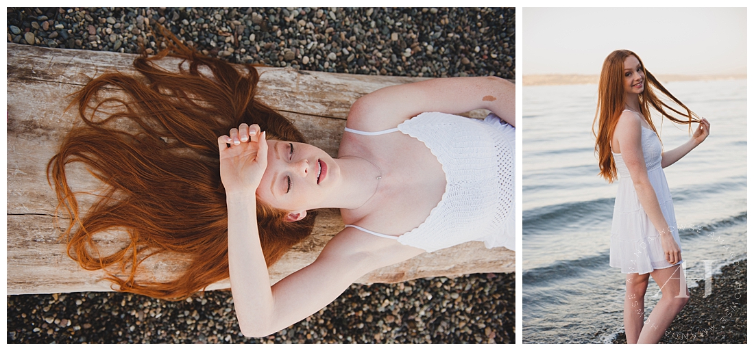 Modern Senior Portraits on the Beach | How to Style a White Dress for Senior Portraits, Red Hair Goals, Hair and Makeup Ideas for Senior Portraits | Amanda Howse Photography | Photographed by Tacoma's Best Senior Portrait Photographer 